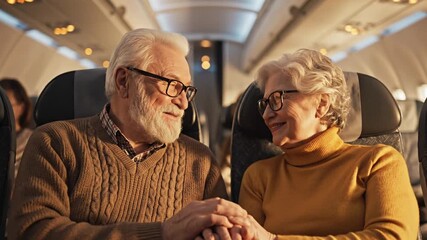 Affectionate senior couple holding hands and smiling at each other while traveling together on an airplane