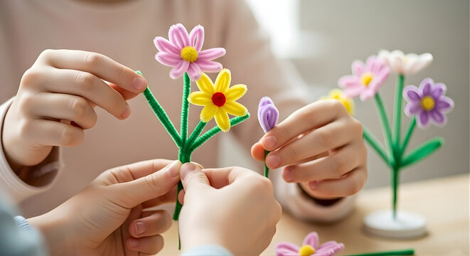 Hands Crafting Colorful Pipe Cleaner Flowers for Joyful Craft Activity