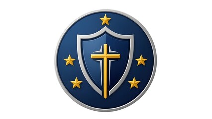 Isolated 3D render of blue shield badge with gold cross and five stars symbol