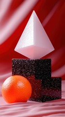 Glossy Black Cubes with Orange Fruit and Shiny Pyramid