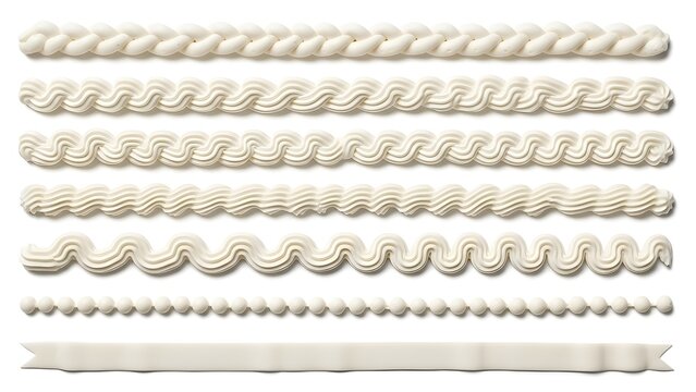 Set of various white cream frosting piping borders and swirl decorations isolated