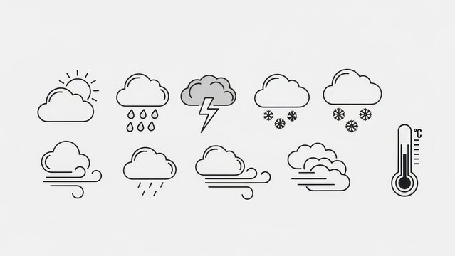 Weather Icons Set: Sun, Rain, Snow, Lightning, Wind, Clouds, Thermometer