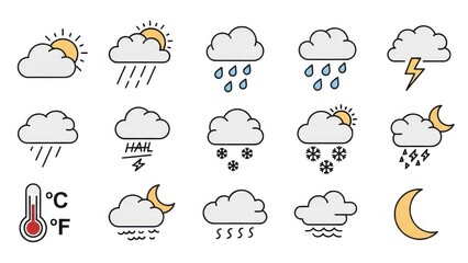 Fototapeta premium Weather Icons Set: Sun, Rain, Snow, Thunderstorm, Hail, Moon, Thermometer