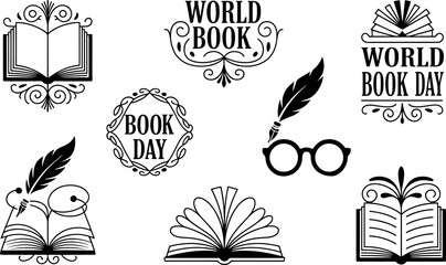 World book day icons with books feathers and glasses on white