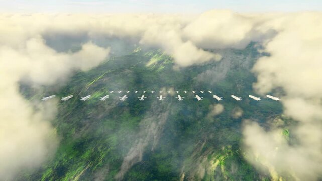 An aerial view of a coordinated autonomous glide-weapon strike employing distributed swarms for simultaneous target destruction.