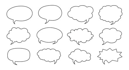 Fototapeta premium Set of twelve different blank speech bubble outlines provides various shapes like round, oval, cloud, and jagged for dialogue and thoughts.