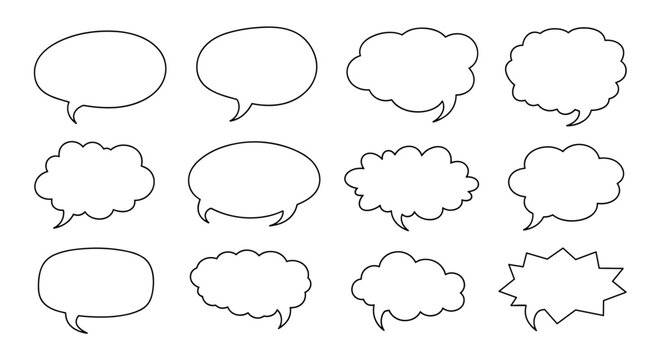 Set of twelve different blank speech bubble outlines provides various shapes like round, oval, cloud, and jagged for dialogue and thoughts.