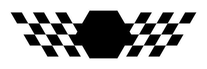 Symmetrical checkered flag emblem with central shield shape, bold motorsport racing badge for automotive branding and decals, PNG with transparent background