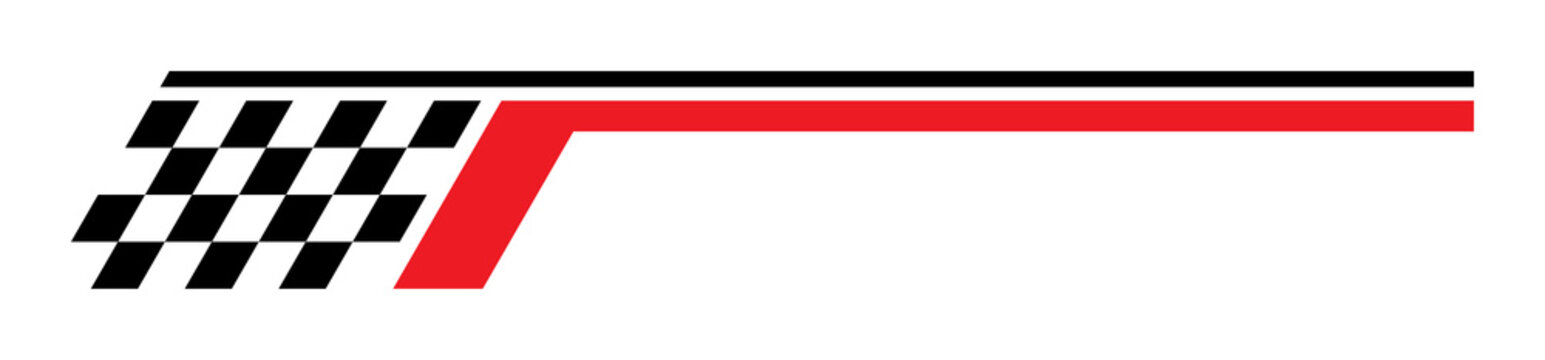 Minimal racing stripe with checkered flag detail, black and red motorsport speed line for automotive branding, banners and headers, PNG with transparent background