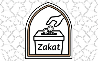 Ramadan zakat box illustration showing a hand giving coins for charity within an arched islamic design isolated on white background