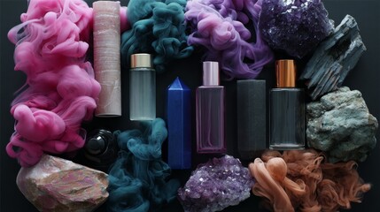 Moody composition of dark perfume bottles with rocks and flowers for alternative beauty product branding photography concept