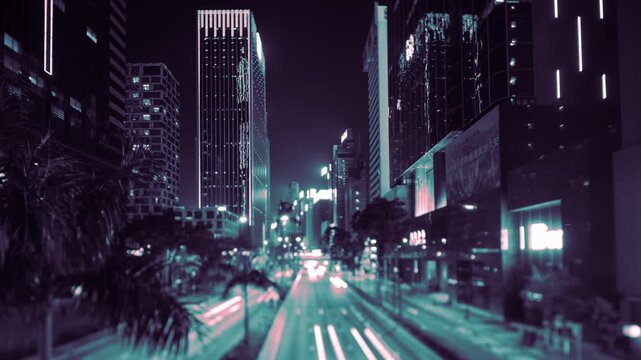 Hong Kong central skyscraper skyline and rushing traffic on highway