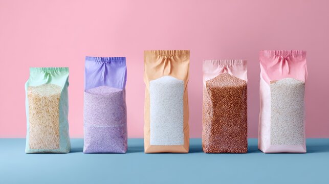 Colorful bags of grains and seeds in pastel background for organic food branding and clean packaging photography setup