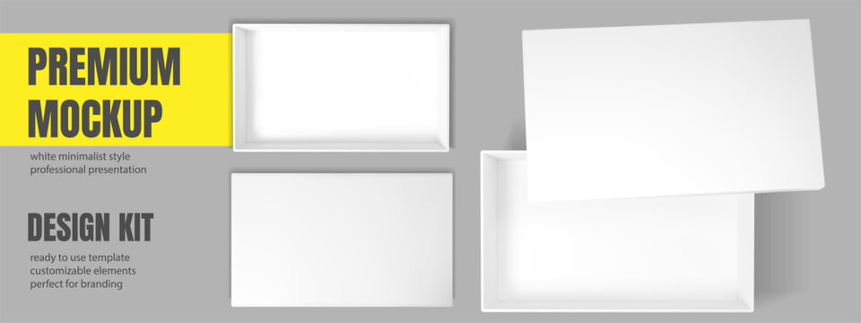 Open cardboard box mockup top view. Rectangle white gift package with shadow inside. Realistic 3d container empty paper lid. Isolated vector mock up on transparent background. Secret makeup case