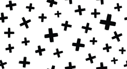 Abstract seamless pattern of hand-drawn black plus signs or crosses scattered randomly on a white background for modern textures.