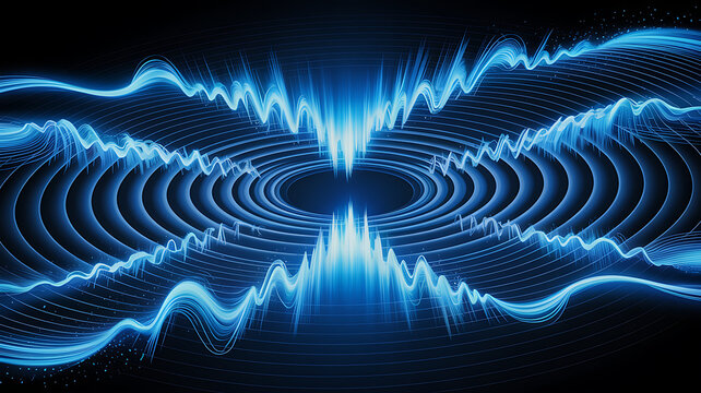 Vibrant blue sound wave pattern with concentric circles and dynamic energy