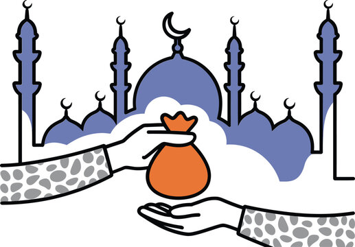 Ramadan zakat box an illustration depicting the charitable act of giving zakat al fitr during the holy month with a mosque background isolated on white background