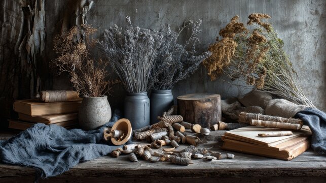 Rustic apothecary table with herbs, tools and natural objects for vintage herbal photography branding composition