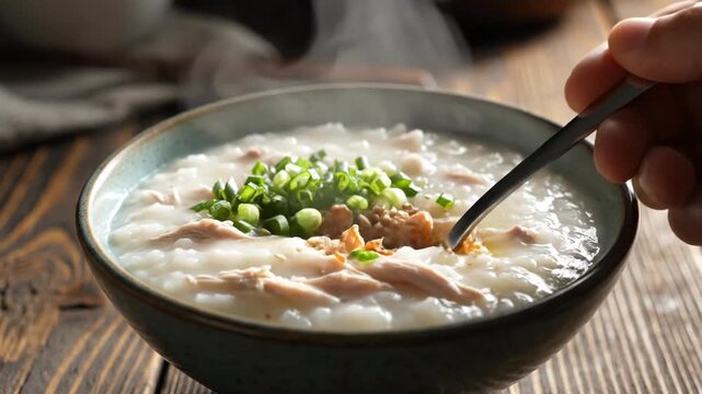 Close up of a bowl of savory porridge with garnishes on a wooden surface