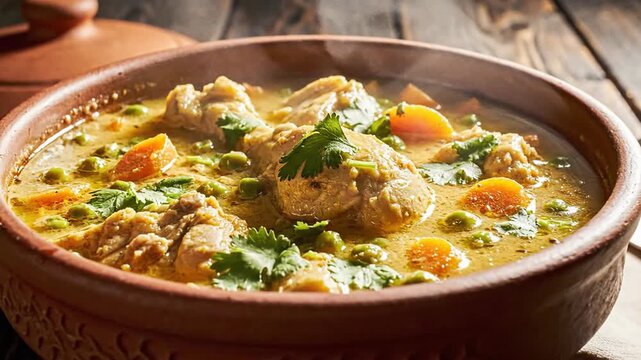 Close up of a rustic dish with cooked chicken and vegetables in a ceramic bowl