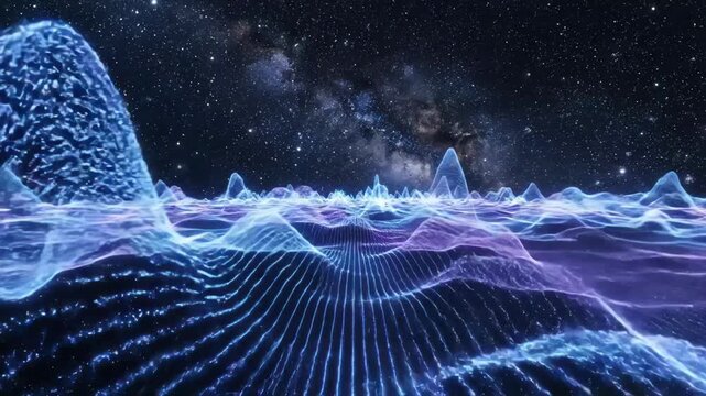 dynamic neon waveform landscape under stars, digital grid rippling into towering peaks, particles pulsing, data cartographer mapping signal topography, cinematic cosmic atmosphere, ideal for tech