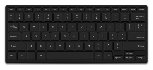 Modern compact black keyboard desktop computer or laptop isolated on white background. Realistic mockup or template