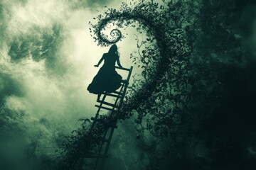 Obraz premium Mysterious silhouette on ladder amidst swirling vine fantasy scene