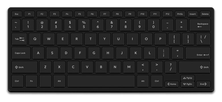 Modern compact black keyboard desktop computer or laptop isolated on white background. Realistic mockup or template