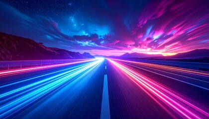Panoramic high-speed technology concept, dynamic light abstract background. Fast motion on road, vibrant neon blue, purple glow. Abstract futuristic website, application design, gaming template, compu