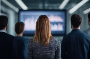 Business professionals viewing charts and graphs on a large screen during a corporate presentation or meeting, analyzing market trends
