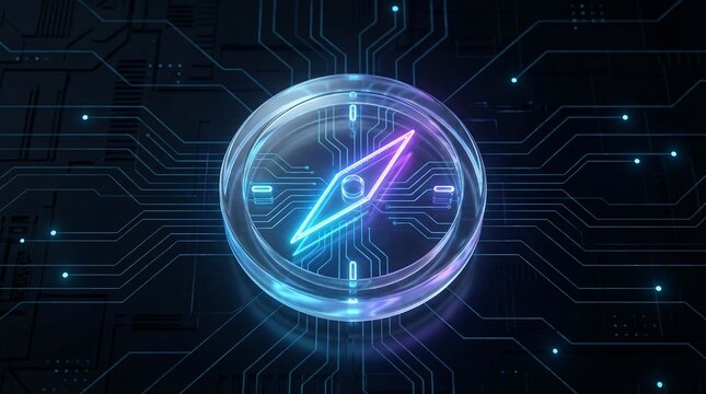 Glowing digital compass on a futuristic circuit board background with neon lights