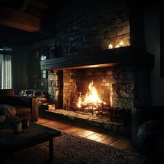 Cozy living room interior with a warm, burning fire in a traditional stove. House Heating. AI generated image