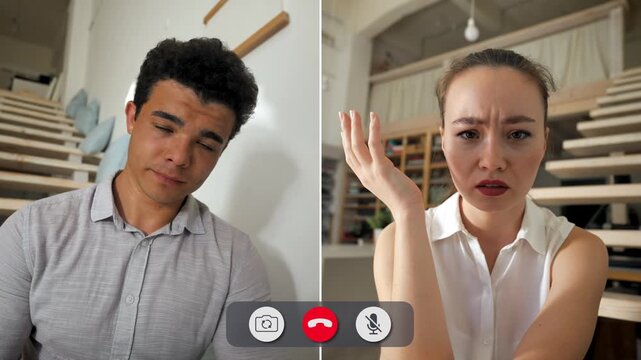 A man looks bored on a split-screen online call. His friend shows frustration. They try to communicate, but the mood is dull and lacking energy.