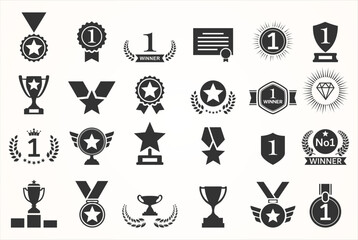 Simple award icon with laurel wreath black and white set of different laurel wreaths ribbons and trophy illustration. Luxury templates for glamour product presentation, winner ceremony