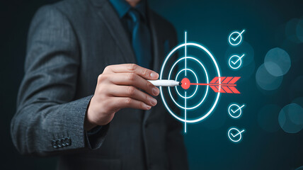 Businessman aiming at target with dart in hand