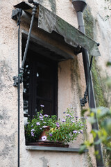 Vintage window in an old building - bronze fabric awning supports - fresh flowers in pots on the eaves