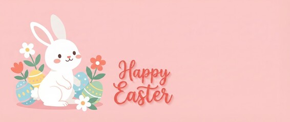 Cute white bunny with Easter eggs and flowers, Happy Easter text, pastel pink background Festive greeting card design