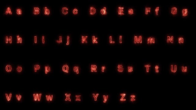 Fiery glowing alphabet letters A&ndash;Z on black background, burning neon typography set for titles, horror intros, game UI, coding visuals, and overlays.