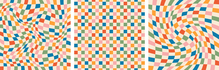 Retro colored checkerboard and psychedelic seamless pattern collection. Fun colored vintage distorted grid and chessboard background for cover, notebook, packaging
