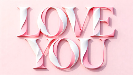 3D text design featuring the phrase "LOVE YOU" in pink and white colors on a soft pink background, showcasing a modern and elegant typography style