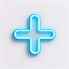 Obraz premium Glowing cyan neon plus sign symbolizes health care and positive changes against a clean white backdrop