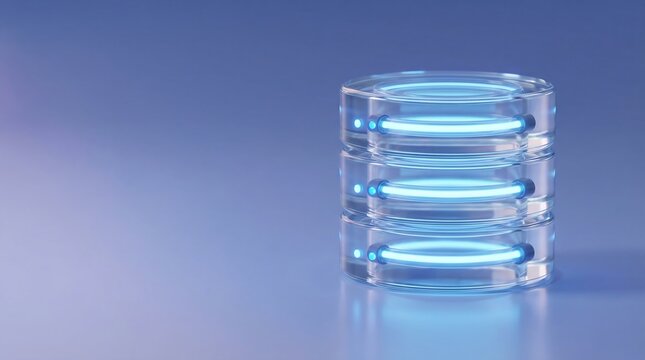 Glowing blue glass cylinder with illuminated horizontal lines on a purple background