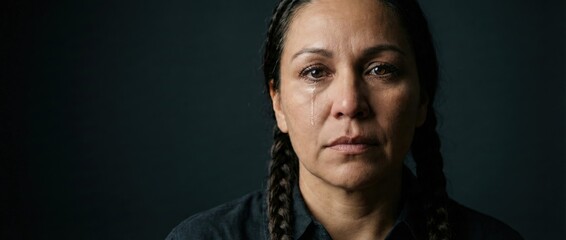 Sad Indigenous woman crying with tear, portrait of emotional Native American female in distress, concept of grief and pain