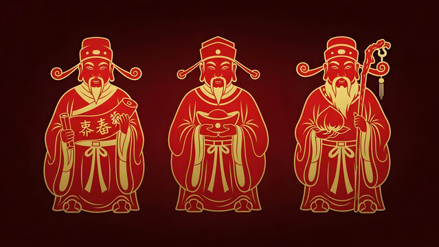 Three Chinese Deities in Red Robes.