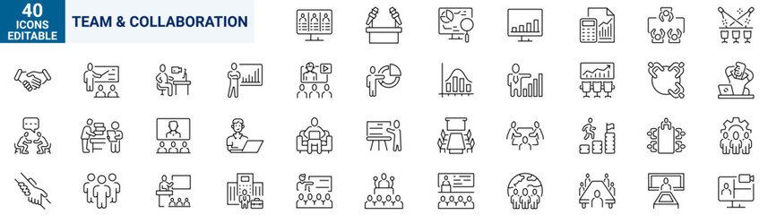 Team Collaboration vector icons set for modern business and digital projects. representing teamwork, communication, remote work, online meetings, project collaboration