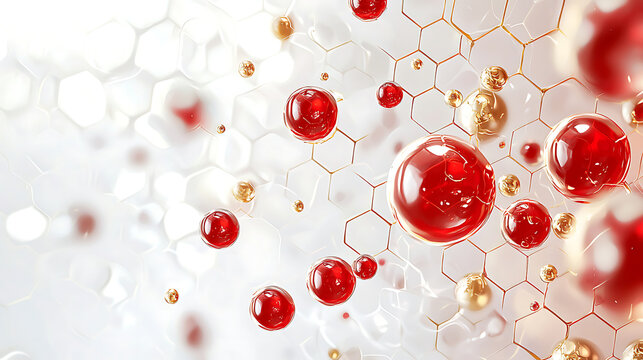 Abstract molecular structure with red spheres and hexagonal grid