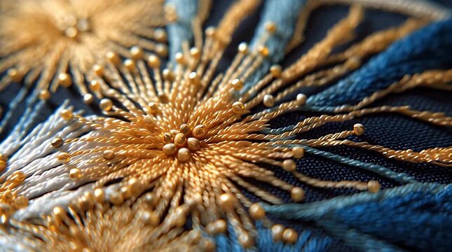 Golden, blue and white embroidered floral pattern on dark fabric, detailed and textural