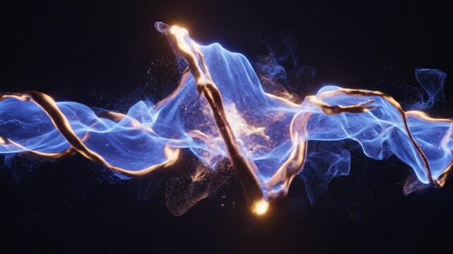 Abstract Flowing Energy Wave With Blue Plasma and Gold Particles