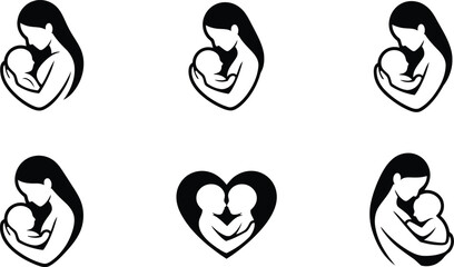Obraz premium A collection of six simple black and white icons depicting a mother cradling her newborn baby