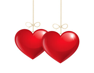 Two glossy red hearts hanging from string with bows on a black background